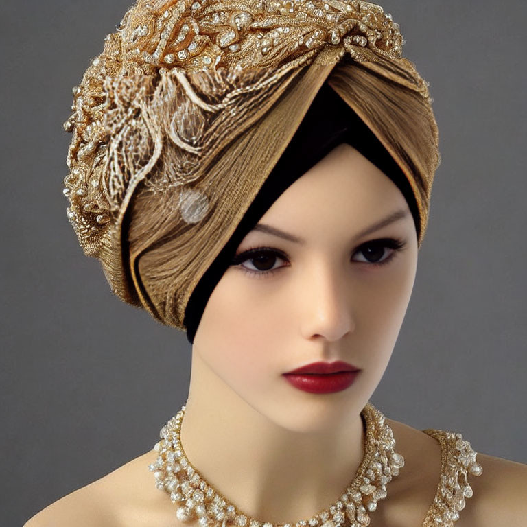 Mannequin head with gold turban and pearl necklace on grey backdrop