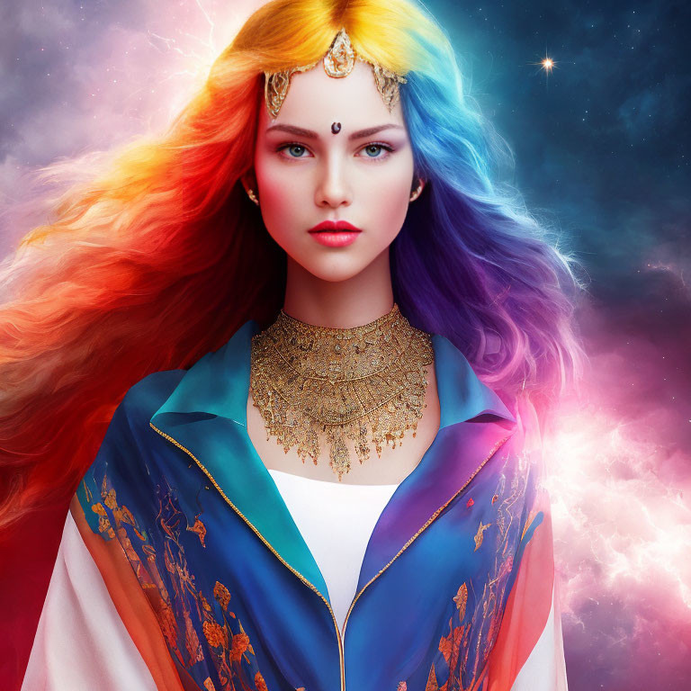 Rainbow-haired woman with gemstone bindi in cosmic cloak and starry background.