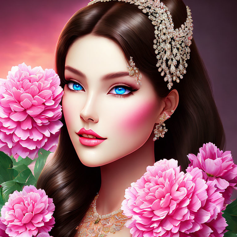 Woman with Vibrant Blue Eyes and Ornate Hairpiece Surrounded by Pink Peonies on Purple