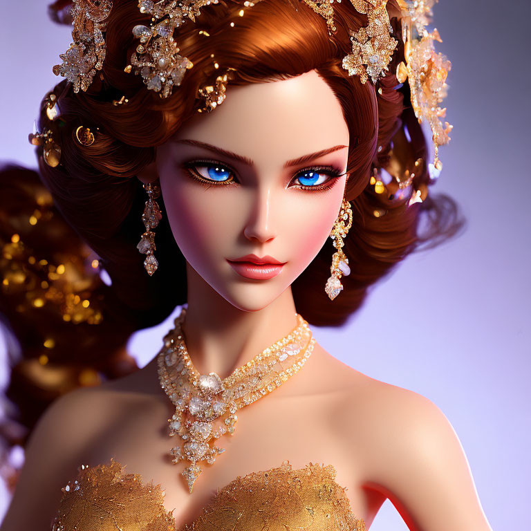Close-up of 3D-rendered woman in golden dress and jewelry