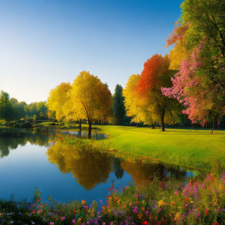 Tranquil Park Scene with Reflective Lake and Colorful Trees