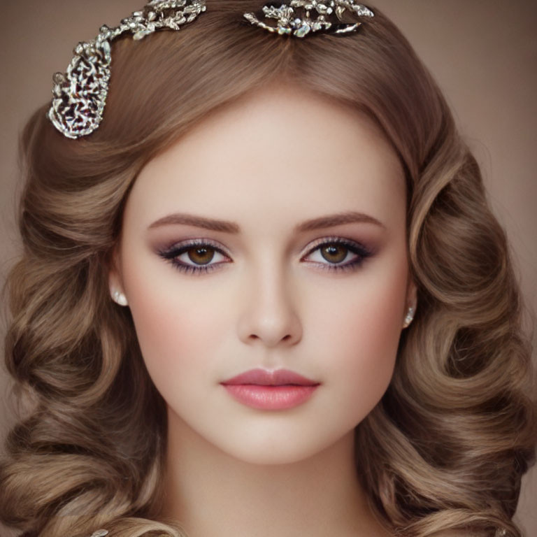 Styled Wavy Hair with Decorative Hairpiece and Elegant Makeup