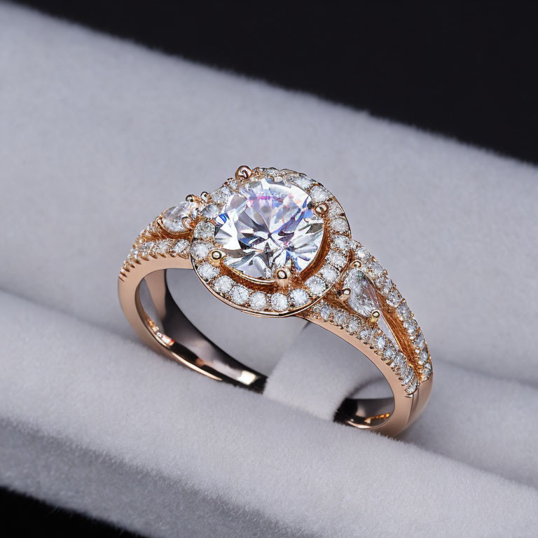 Rose Gold Ring with Large Central Diamond and Halo Design