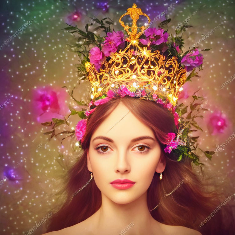Woman Wearing Golden Crown with Pink Flowers on Mystical Starry Background