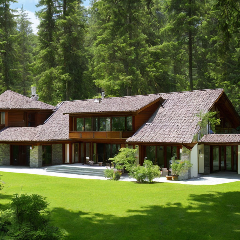 Spacious modern house with brown shingle roof in forest setting