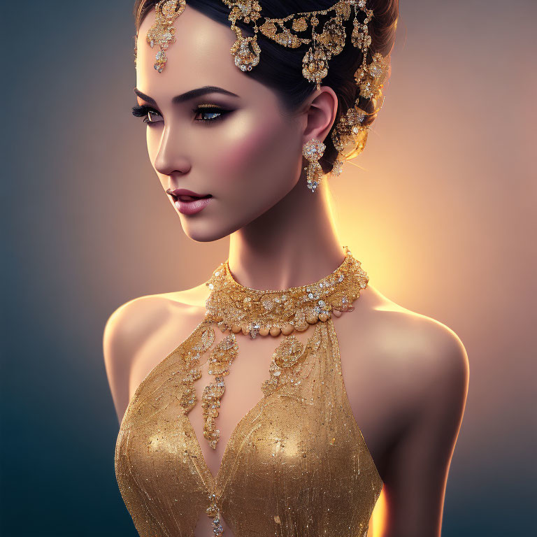 Sophisticated woman in golden bejeweled gown and accessories