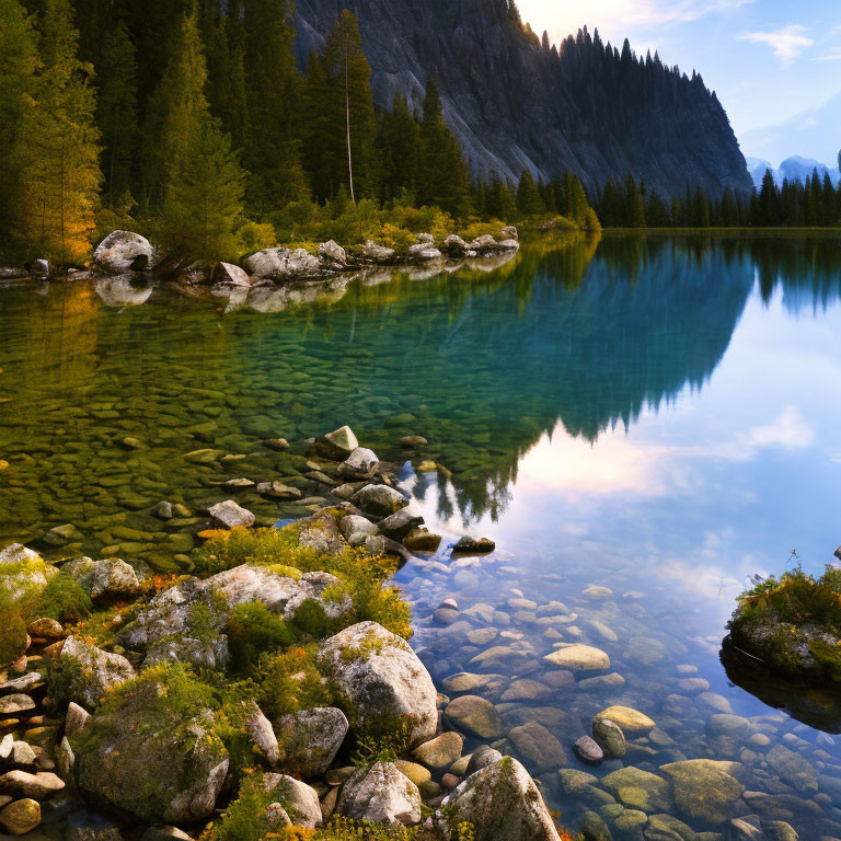 Tranquil Mountain Lake with Clear Water and Forest Reflection