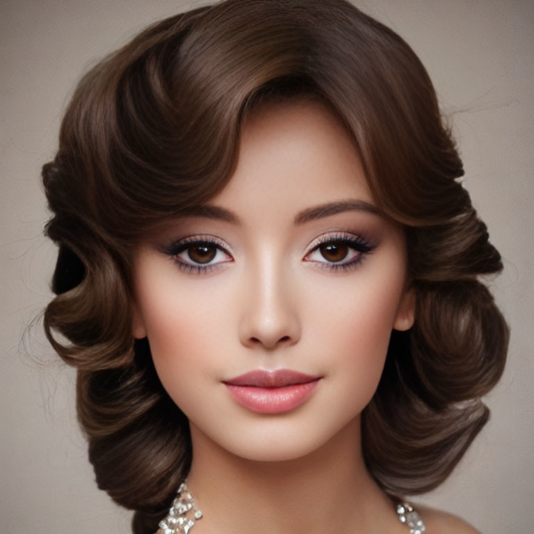 Detailed digital portrait of woman with wavy brown hair and diamond earrings