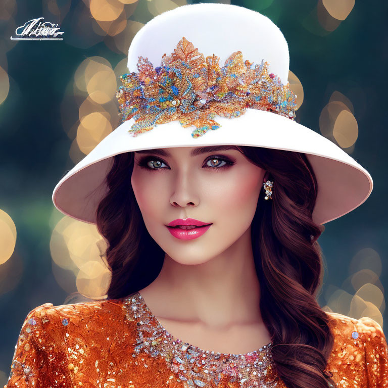 Woman in Colorful Autumn Leaves Hat and Sequined Orange Dress