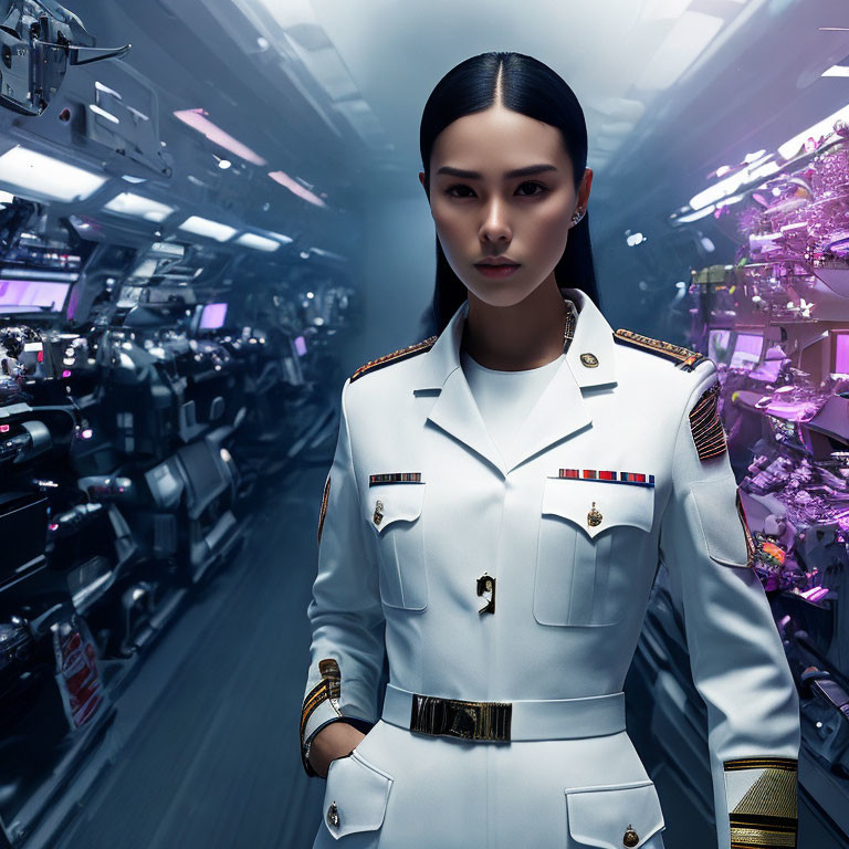 Confident woman in white military uniform in futuristic command center
