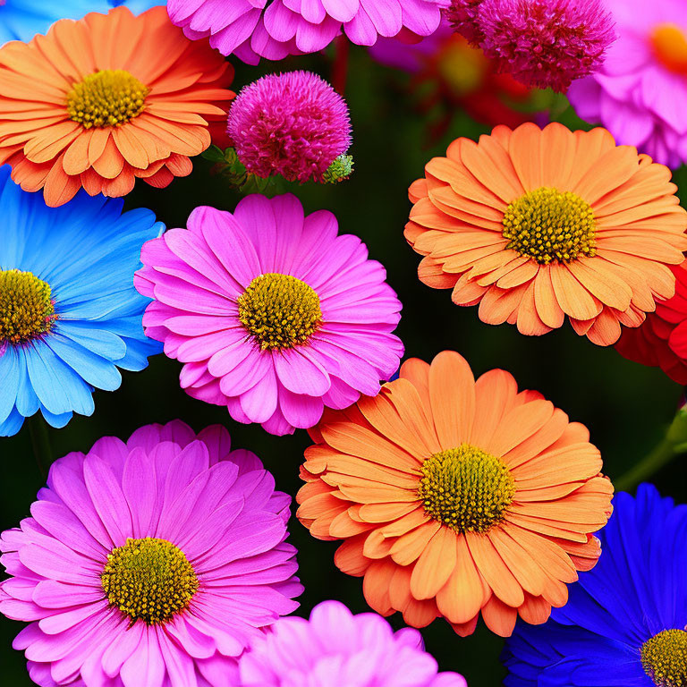 Colorful Gerbera Daisies in Blue, Pink, Orange, and Yellow on Green Background