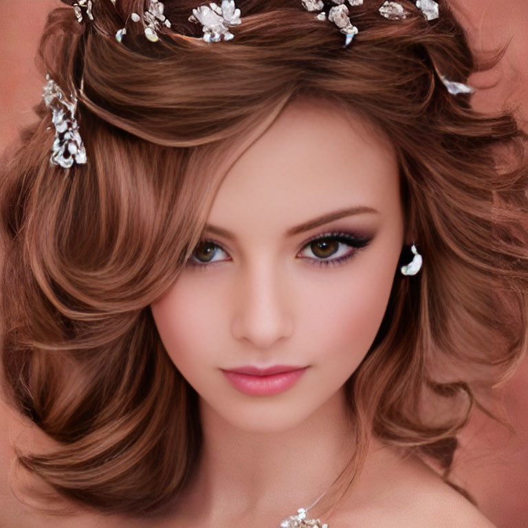 Digital portrait of a woman with brown hair and floral accessories on pink backdrop