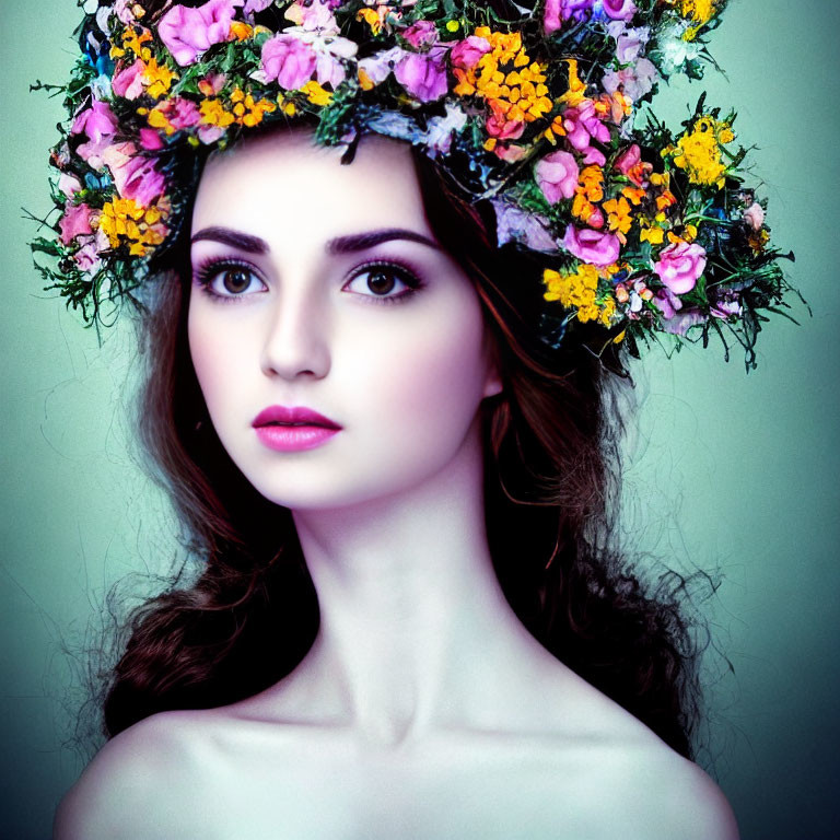 Colorful floral crown on dark-haired woman with bold makeup