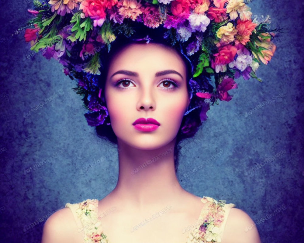 Woman Wearing Vibrant Floral Crown and Dress in Serene Pose