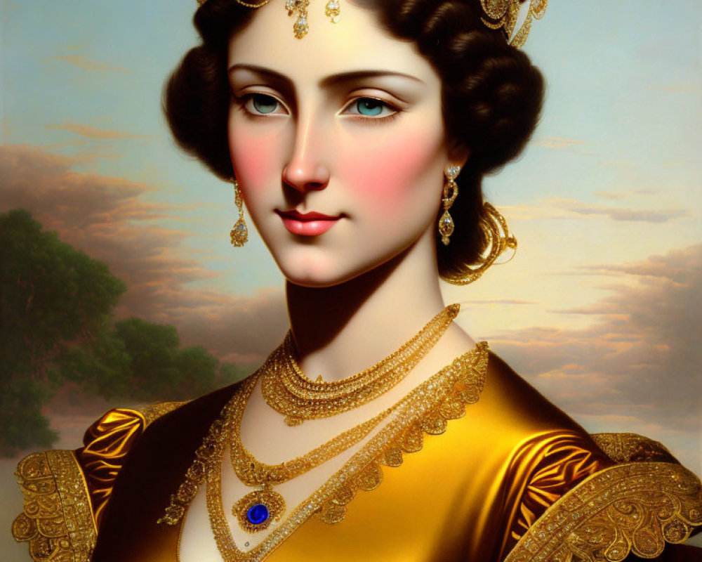 Portrait of Woman with Dark Hair in Golden Dress and Jewelry Against Sky