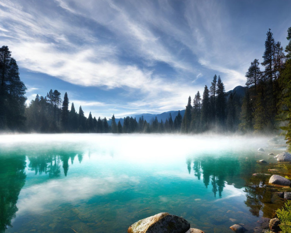 Scenic misty lake with clear water, reflecting cloudy sky and surrounded by forest and mountains.