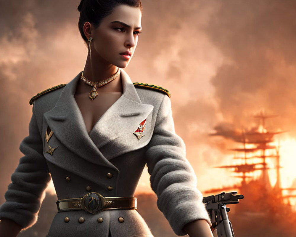 Digital artwork: Female character in military uniform with dramatic sky and old sailing ship.