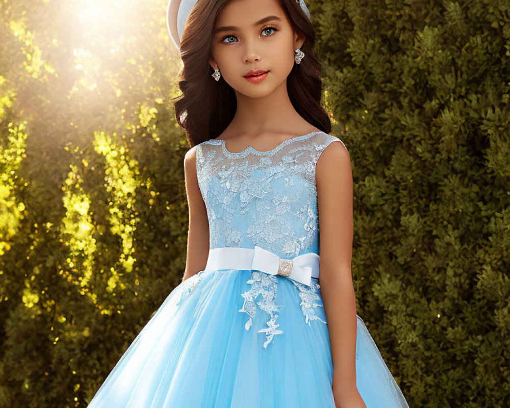 Young girl in blue lace dress with tulle skirt and white ribbon belt standing by hedge in sunlight