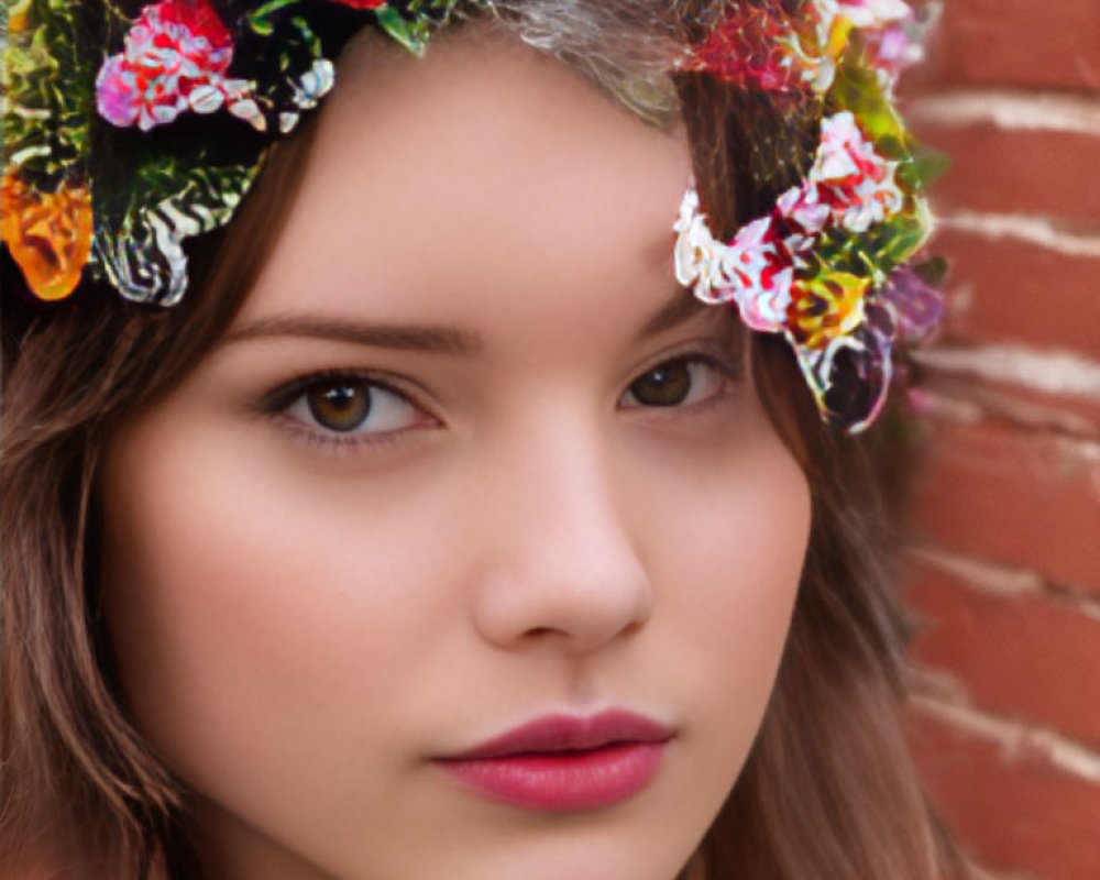 Young woman with floral headband and brown hair against brick wall.