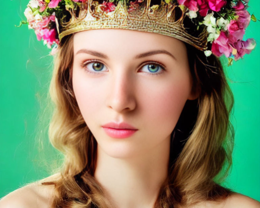 Portrait of a woman with floral crown and golden tiara on green background