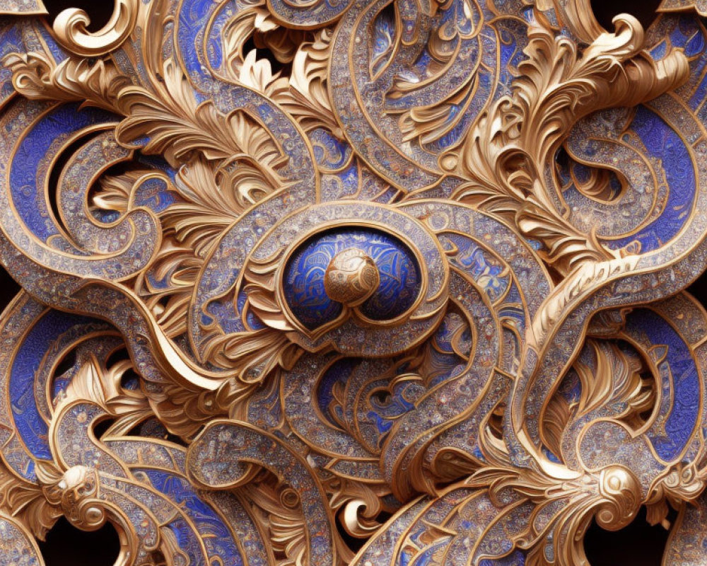 Golden Baroque Ornamentation with Deep Blue Accents on Dark Background