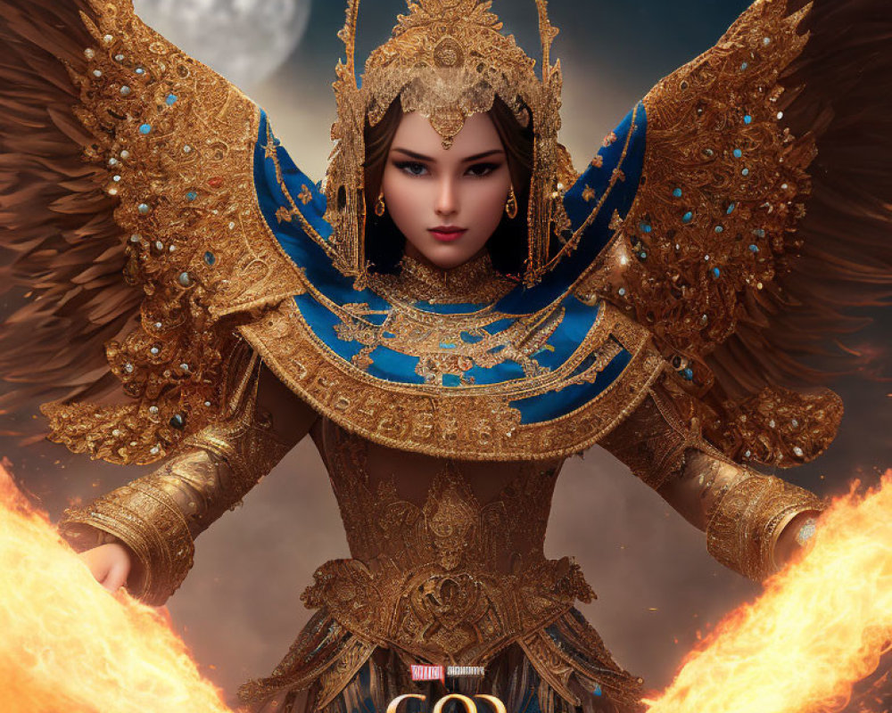 Fantastical female character in golden armor with fiery wings under a moonlit sky