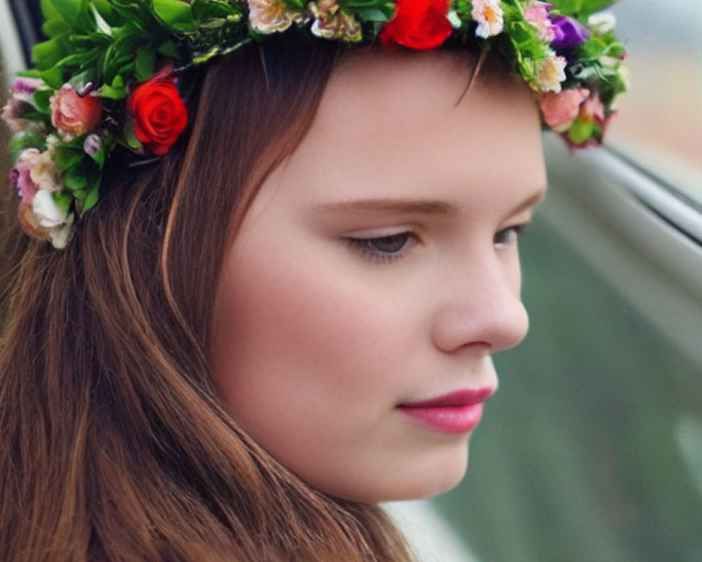 Young woman wearing floral wreath, looking pensive with downward gaze