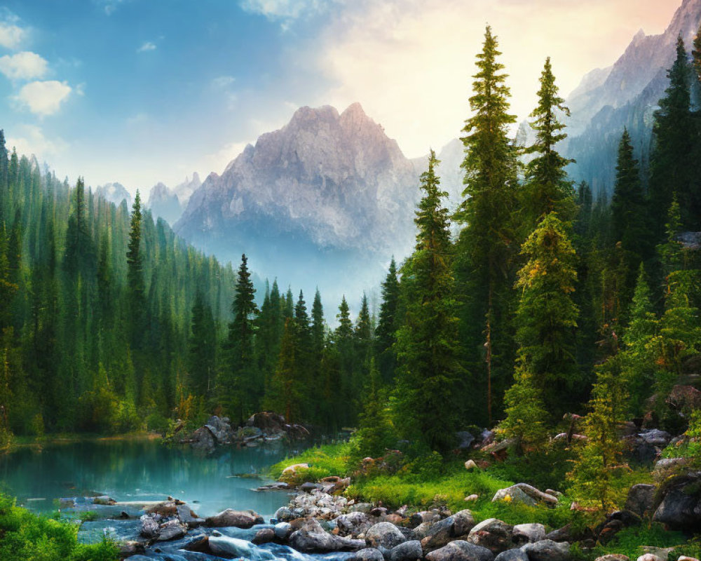 Misty Mountain Landscape with River, Pine Trees, and Sunrise