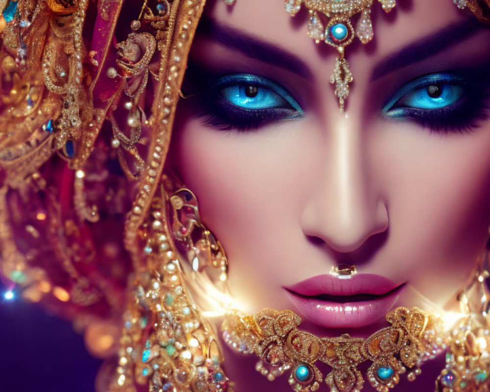 Close-Up Portrait: Striking Blue-Eyed Person in Ornate Golden Headdress