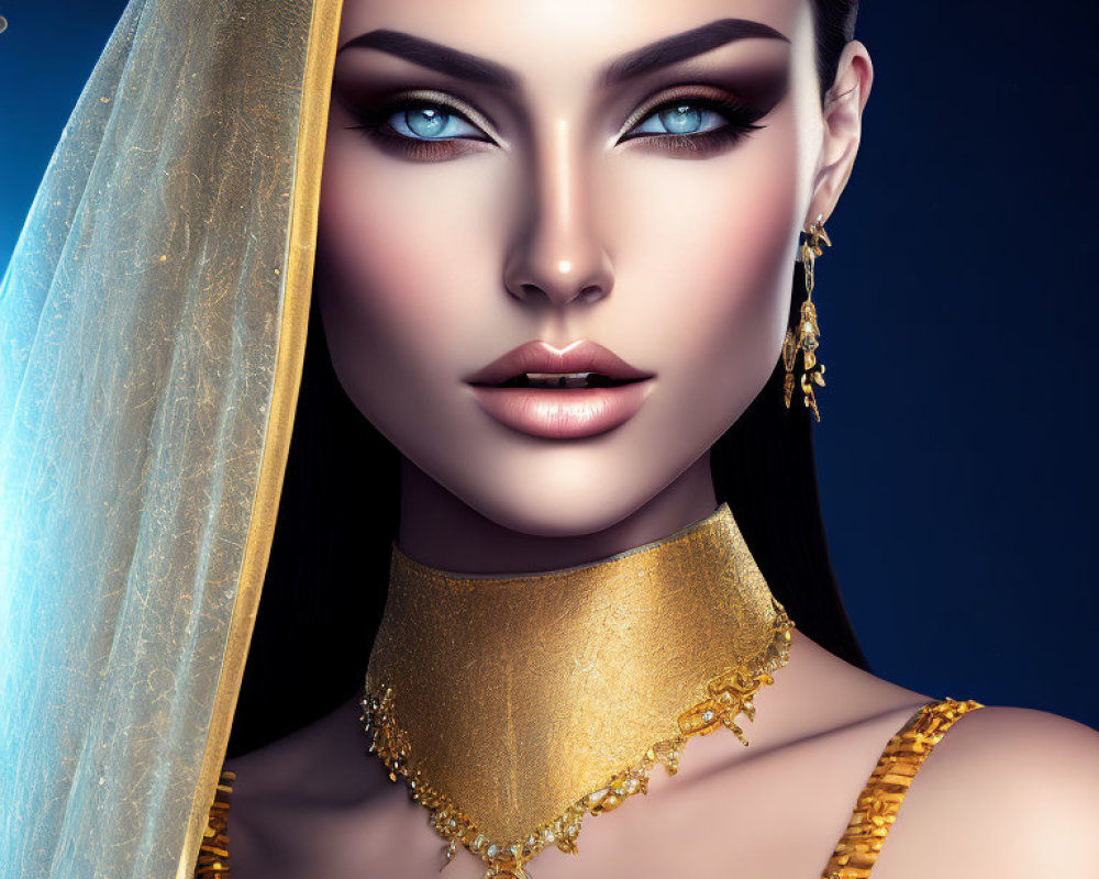 Digital portrait of woman with blue eyes, golden jewelry, and sheer veil