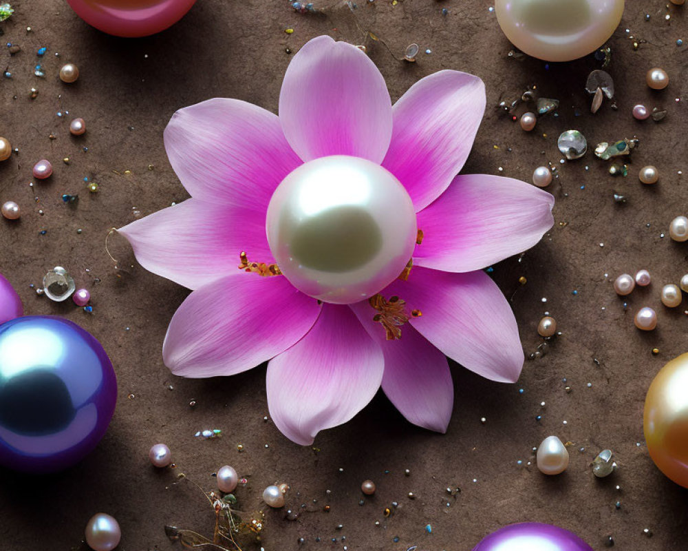 Pink Lotus with Pearls and Beads on Textured Brown Background