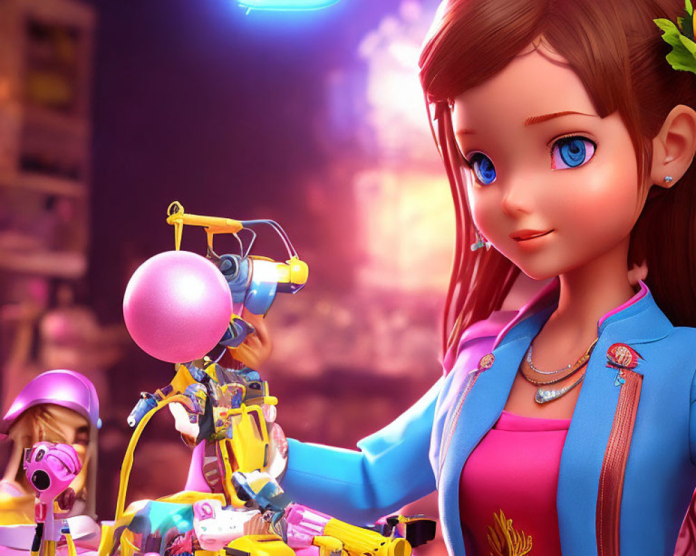 Stylized 3D illustration of girl with robot and tools in warm light