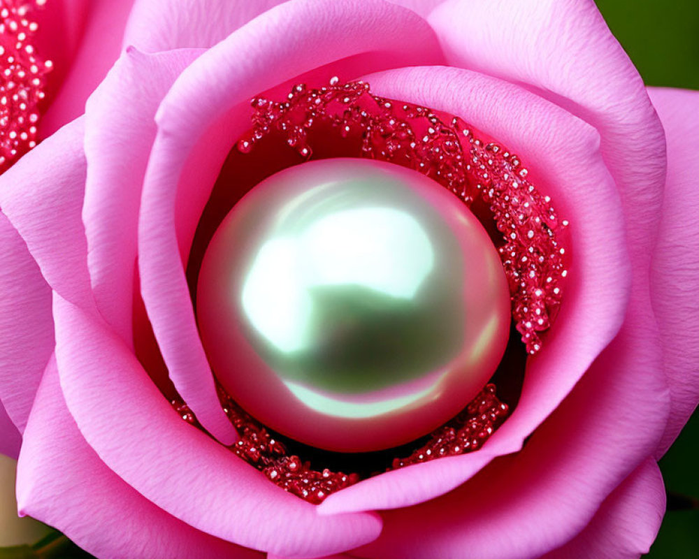 Pink rose with water droplets and pearl on green background