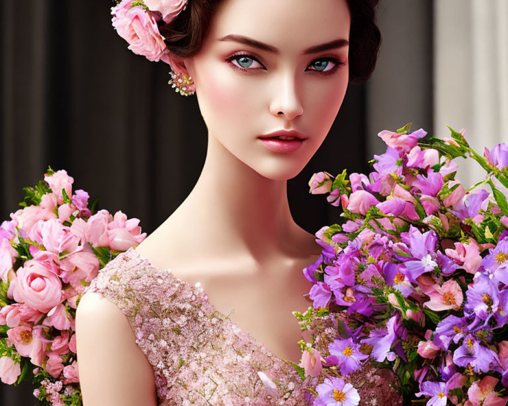 Illustration of woman with blue eyes in pink dress and floral accessories holding purple bouquet.