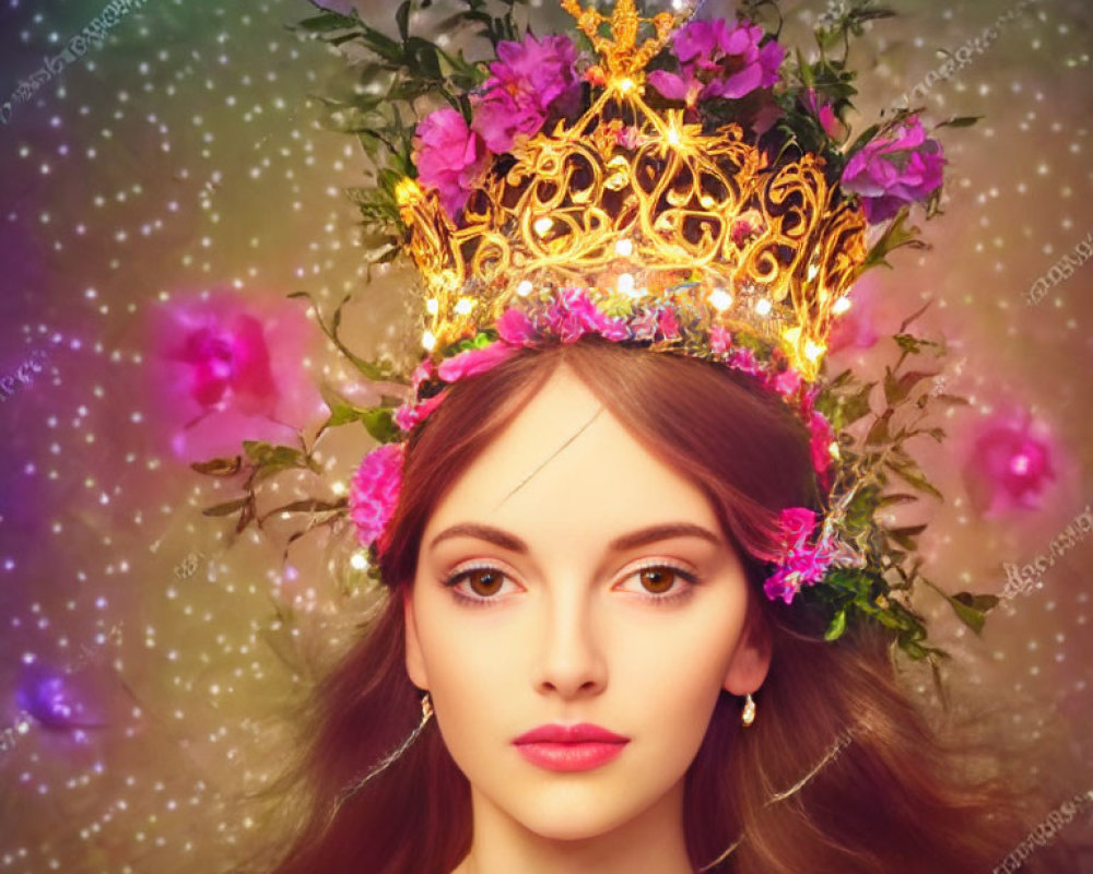 Woman Wearing Golden Crown with Pink Flowers on Mystical Starry Background