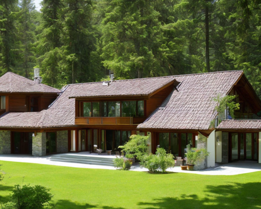 Spacious modern house with brown shingle roof in forest setting