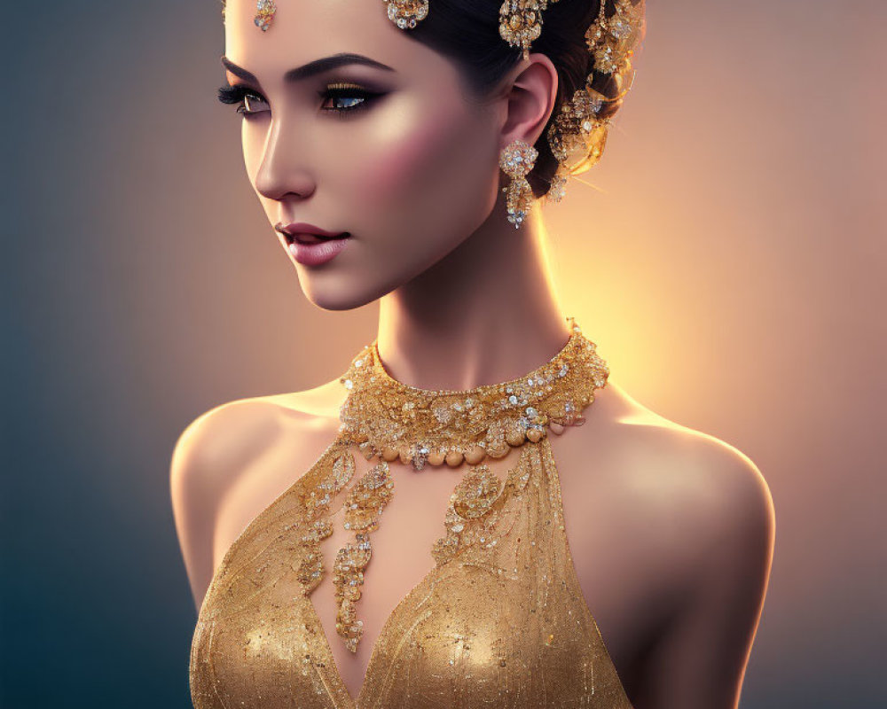 Sophisticated woman in golden bejeweled gown and accessories