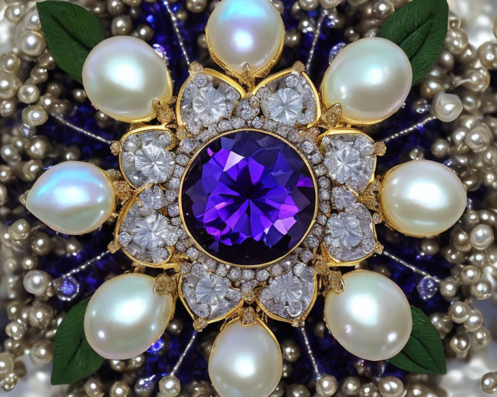 Purple Gemstone Jewelry with Diamonds, Pearls, and Green Leaf Accents