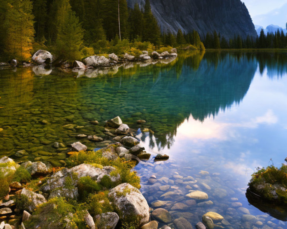 Tranquil Mountain Lake with Clear Water and Forest Reflection