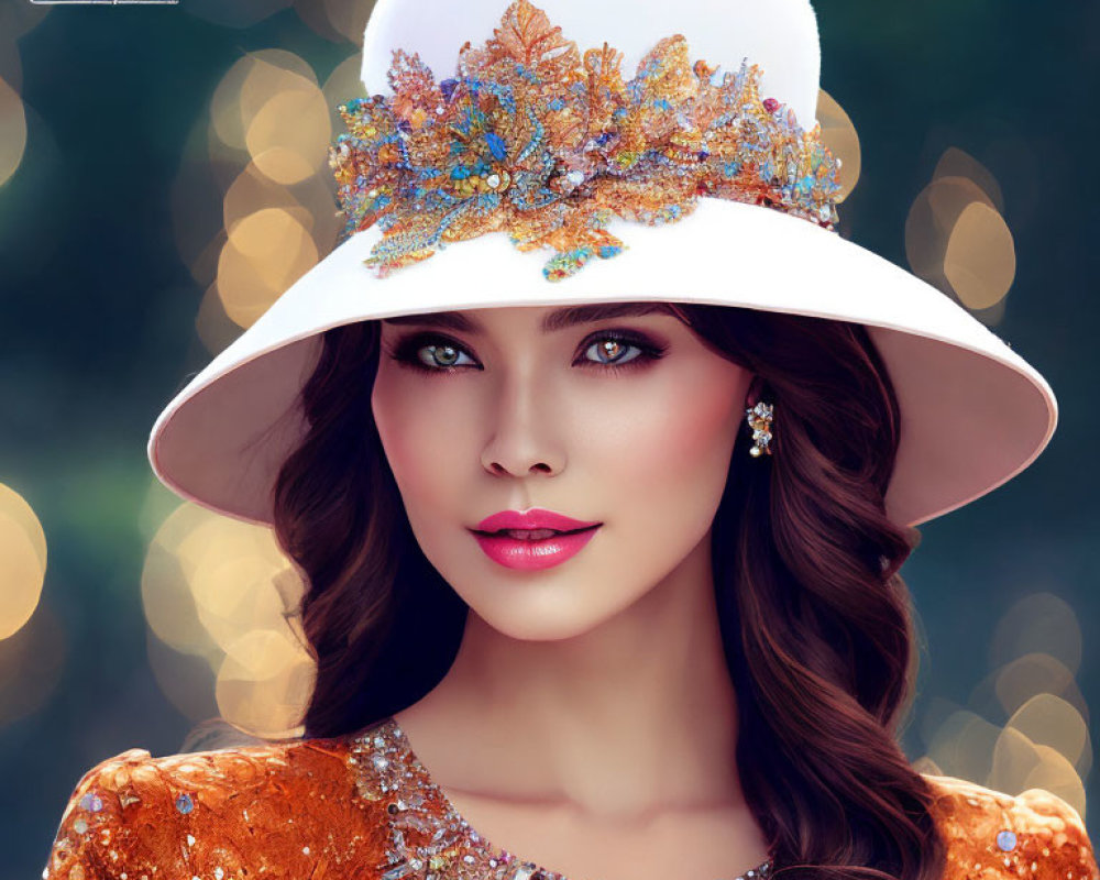 Woman in Colorful Autumn Leaves Hat and Sequined Orange Dress