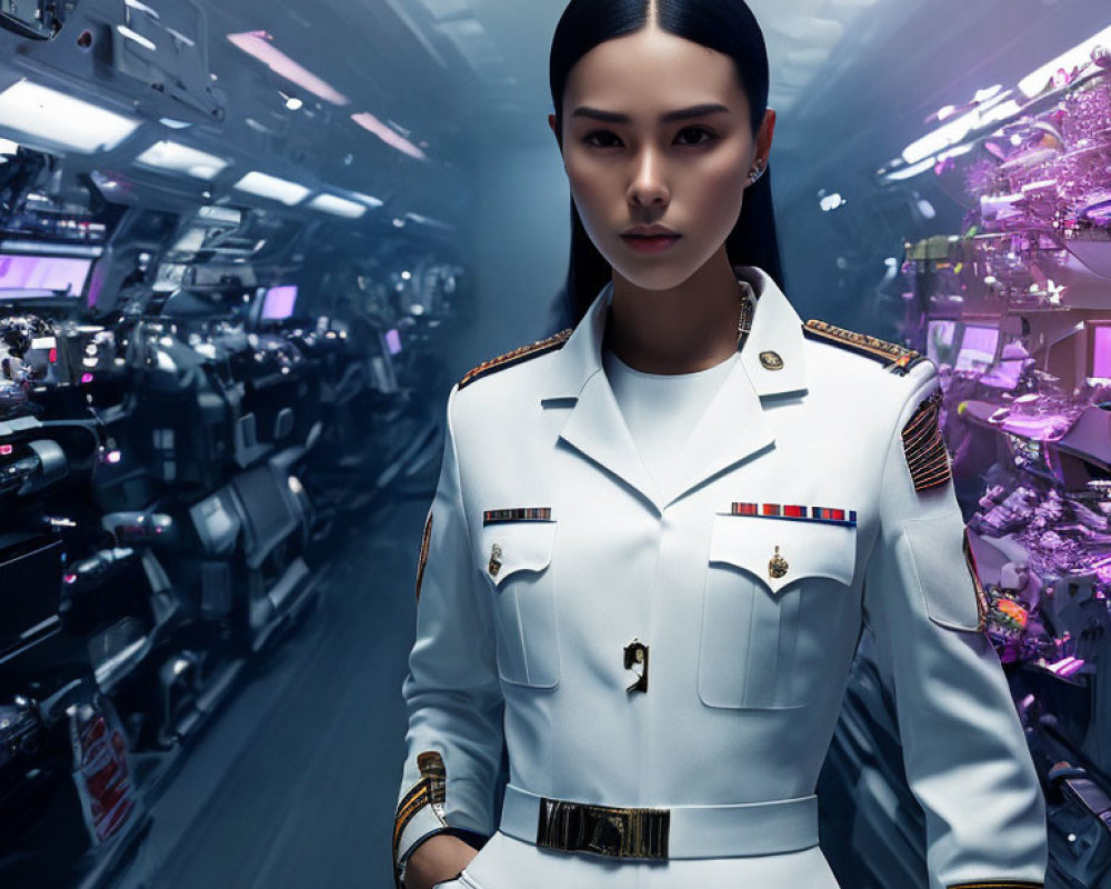 Confident woman in white military uniform in futuristic command center
