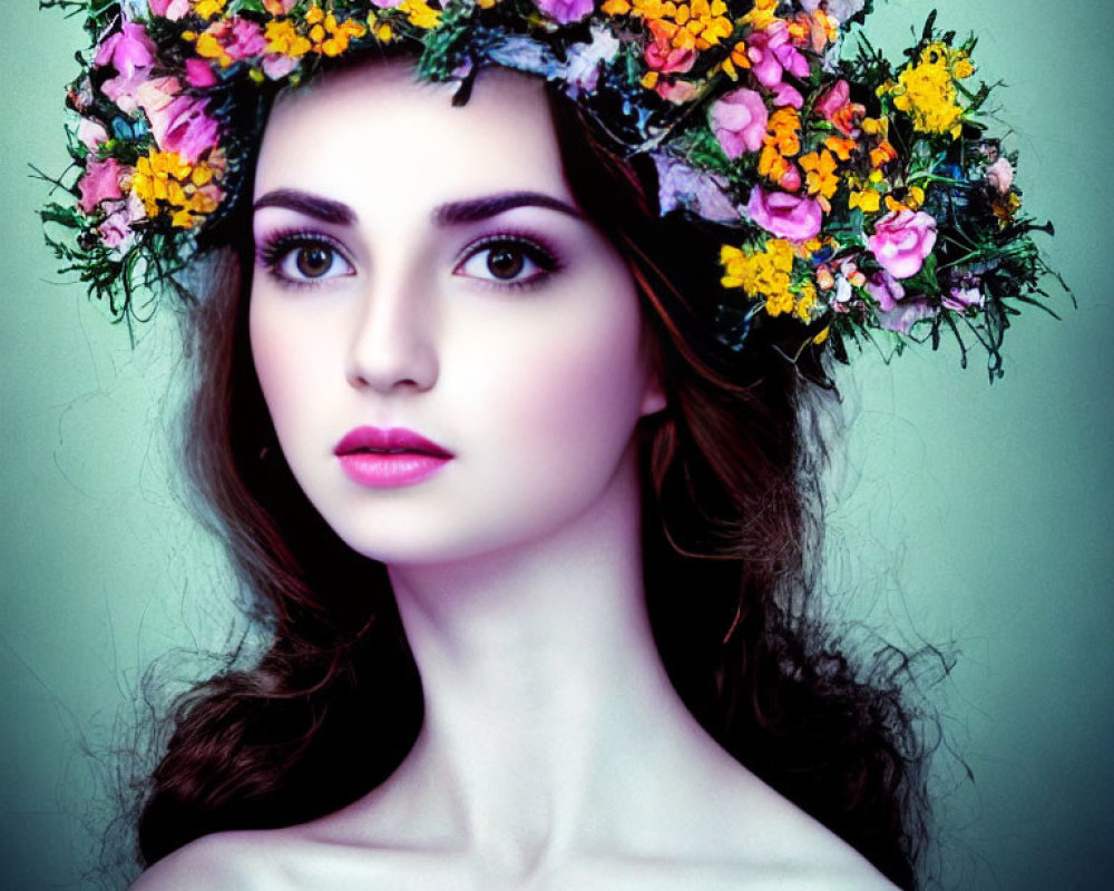 Colorful floral crown on dark-haired woman with bold makeup