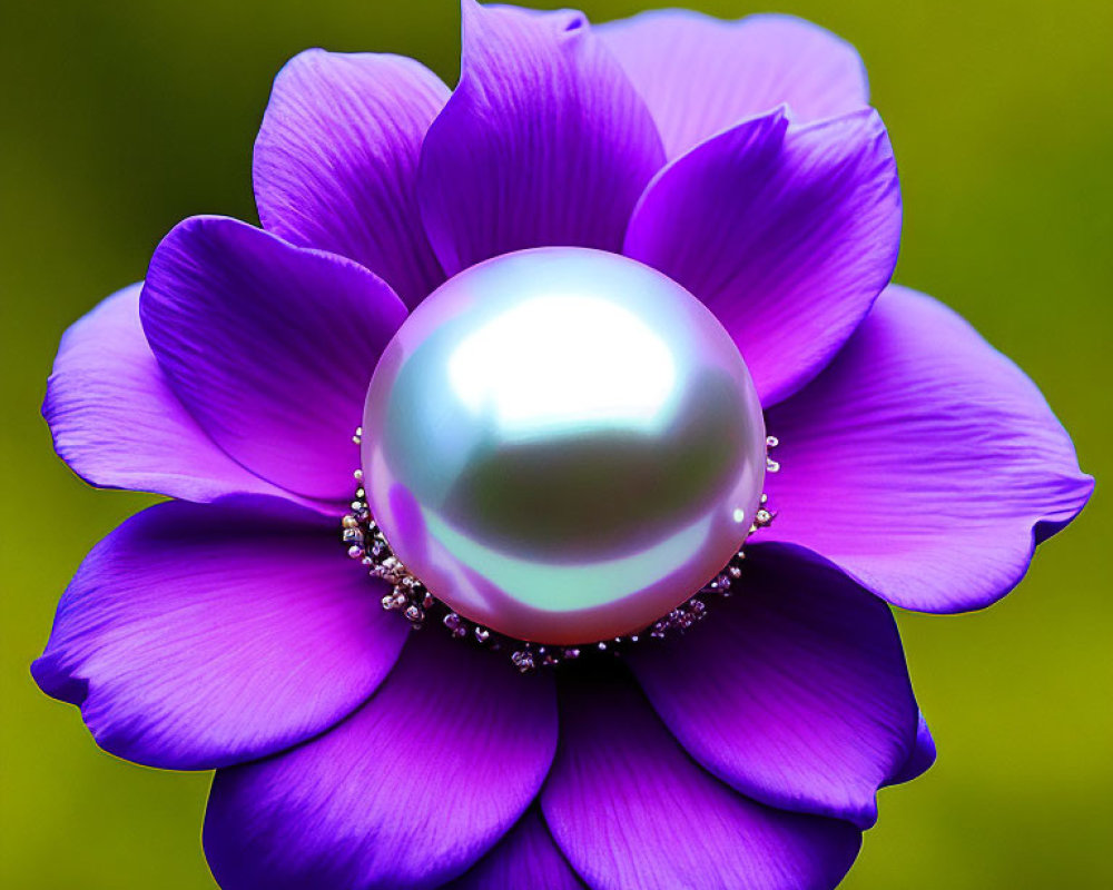 Vivid Purple Flower with Pearl Center and Sparkling Points on Soft Green Background
