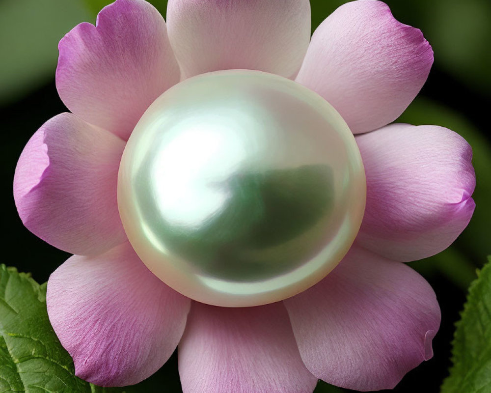 Digital Art Concept: Pearl in Pink Flower with Green Leaves