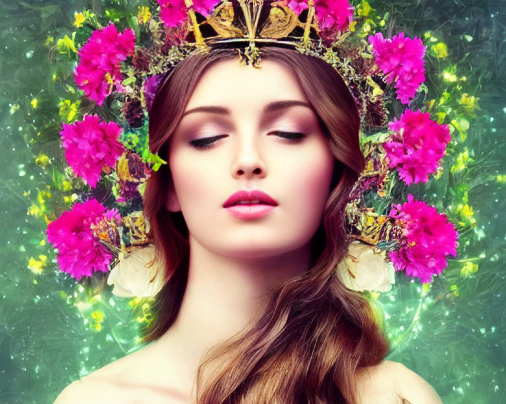 Woman with Floral Crown in Serene Pose on Mystical Green Background