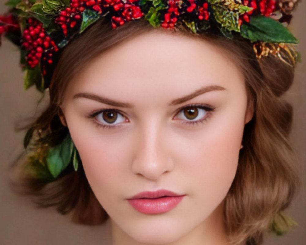 Woman wearing berry and leaf crown with soft curls and subtle makeup.