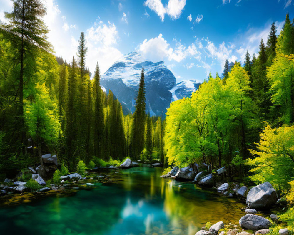 Scenic Alpine landscape with blue lake, green forest, and snowy mountains