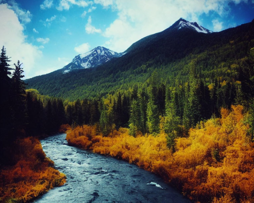 River meandering through autumn forest with snow-capped mountains and cloudy sky