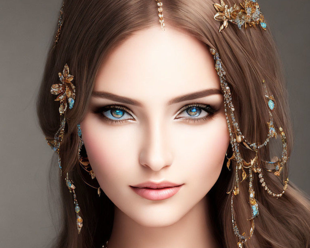 Woman with Intense Blue Eyes and Elegant Gold Jewelry on Neutral Background