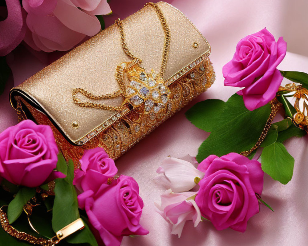 Golden Floral Diamond Clutch Among Pink Roses on Silky Background